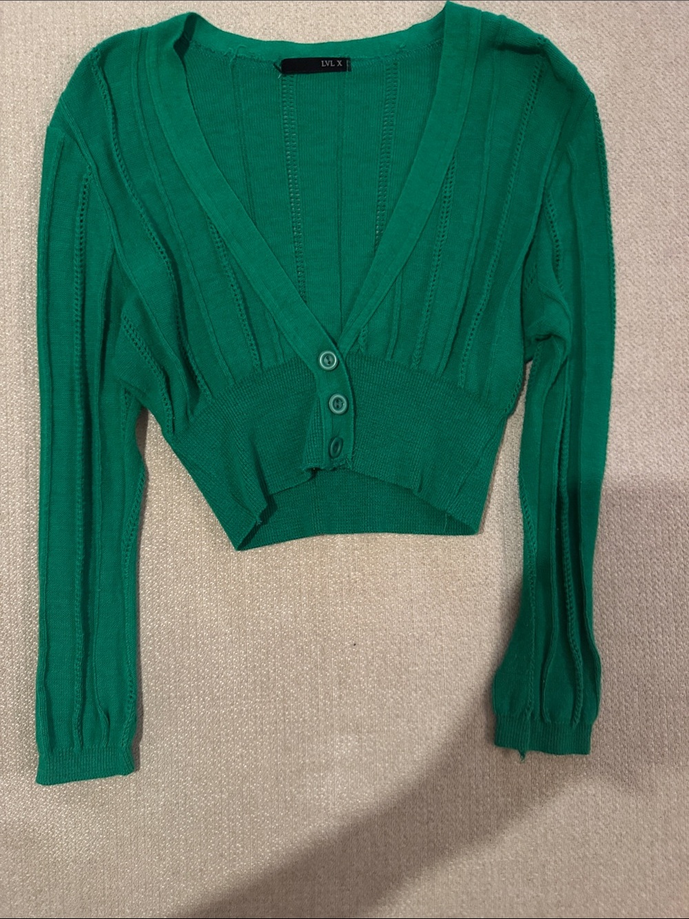 LVL.X Emerald V-Neck Cropped Button Sweater